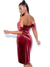 Load image into Gallery viewer, OMARIA BURGUNDY VELVET OFF SHOULDER CORSET DRESS
