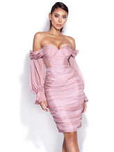 Load image into Gallery viewer, SIRENE BLUSH SILK PLEATED OFF SHOULDER BALLOON SLEEVE DRESS