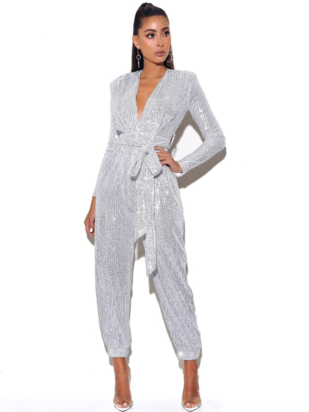 Sequin Collar Silver Long Sleeve Jumpsuit Ravona Jumpsuit Silver