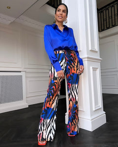 BLUE AND ORANGE ZEBRA PRINT FLARED TROUSER