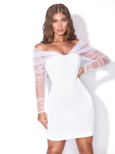 ZOFIA WHITE OFF SHOULDER MESH CORSET DRESS