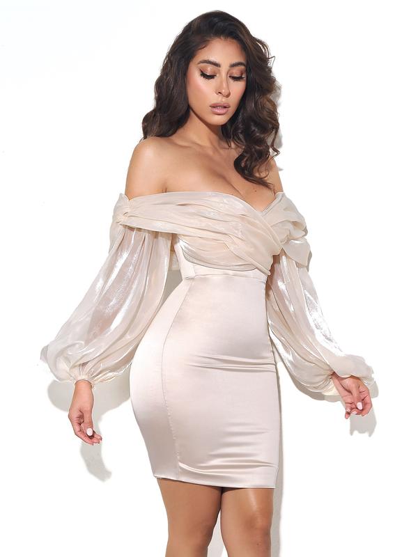 JACEY BEIGE OFF SHOULDER BALLOON SLEEVE DRESS JACEY BEIGE OFF SHOULDER BALLOON SLEEVE DRESS