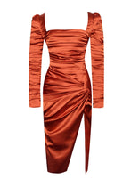 Load image into Gallery viewer, DOMENICA RUCHED LONG SLEEVE SATIN DRESS