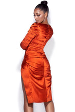 Load image into Gallery viewer, DOMENICA RUCHED LONG SLEEVE SATIN DRESS