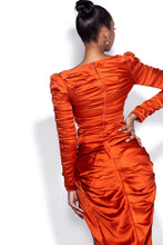 Load image into Gallery viewer, DOMENICA RUCHED LONG SLEEVE SATIN DRESS