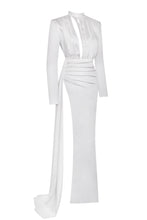 Load image into Gallery viewer, OLIVINE WHITE LONG SLEEVE CUTOUT HIGH SLIT SATIN GOWN