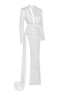 OLIVINE WHITE LONG SLEEVE CUTOUT HIGH SLIT SATIN GOWN