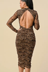 HIGH NECK RUCHED ANIMAL PRINT MIDI DRESS