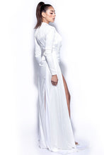 Load image into Gallery viewer, OLIVINE WHITE LONG SLEEVE CUTOUT HIGH SLIT SATIN GOWN