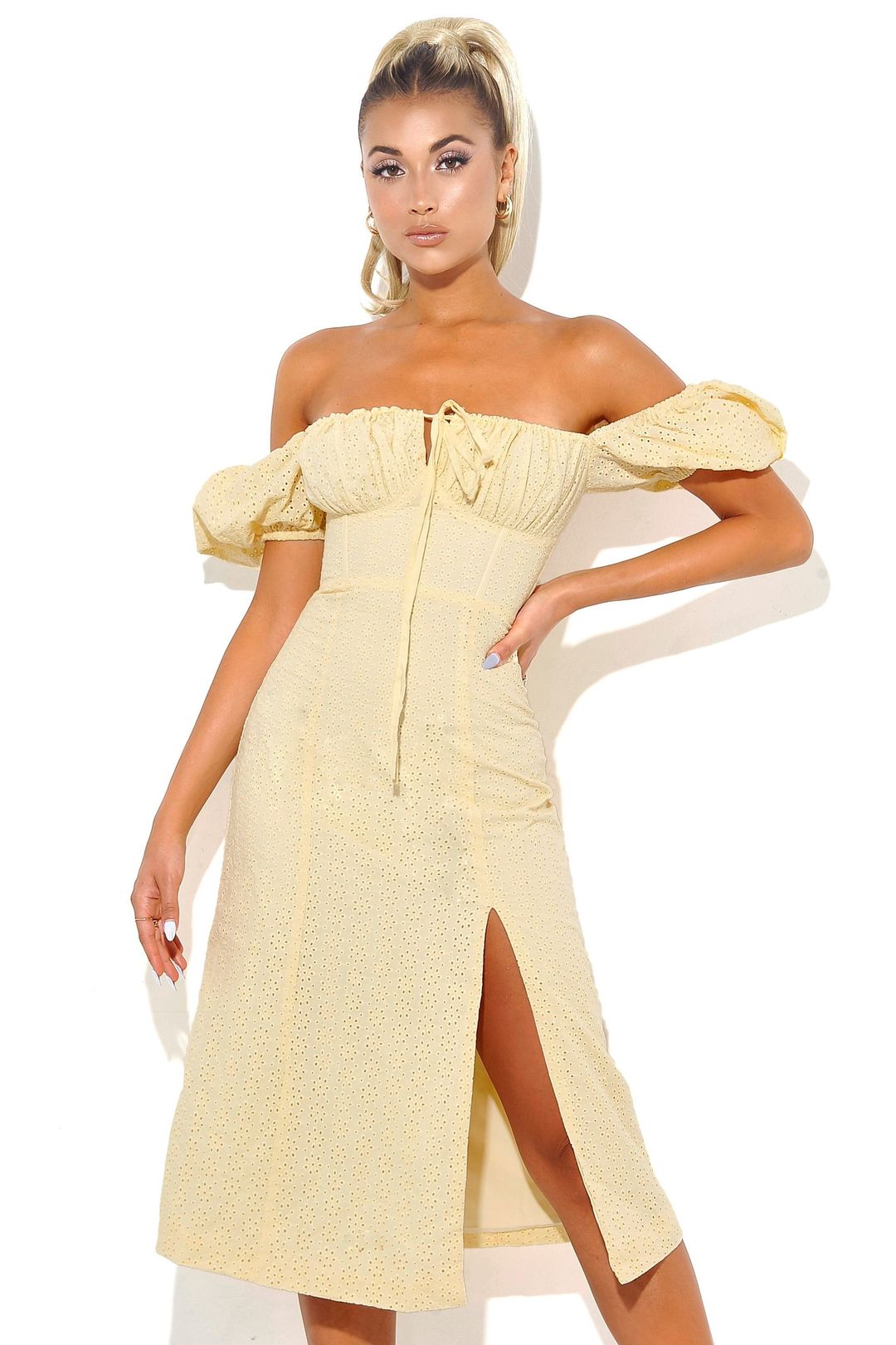 knee length dresses for ladies TANIA MACAROON PUFF SLEEVE EYELET MIDI DRESS – Arelia's Dream