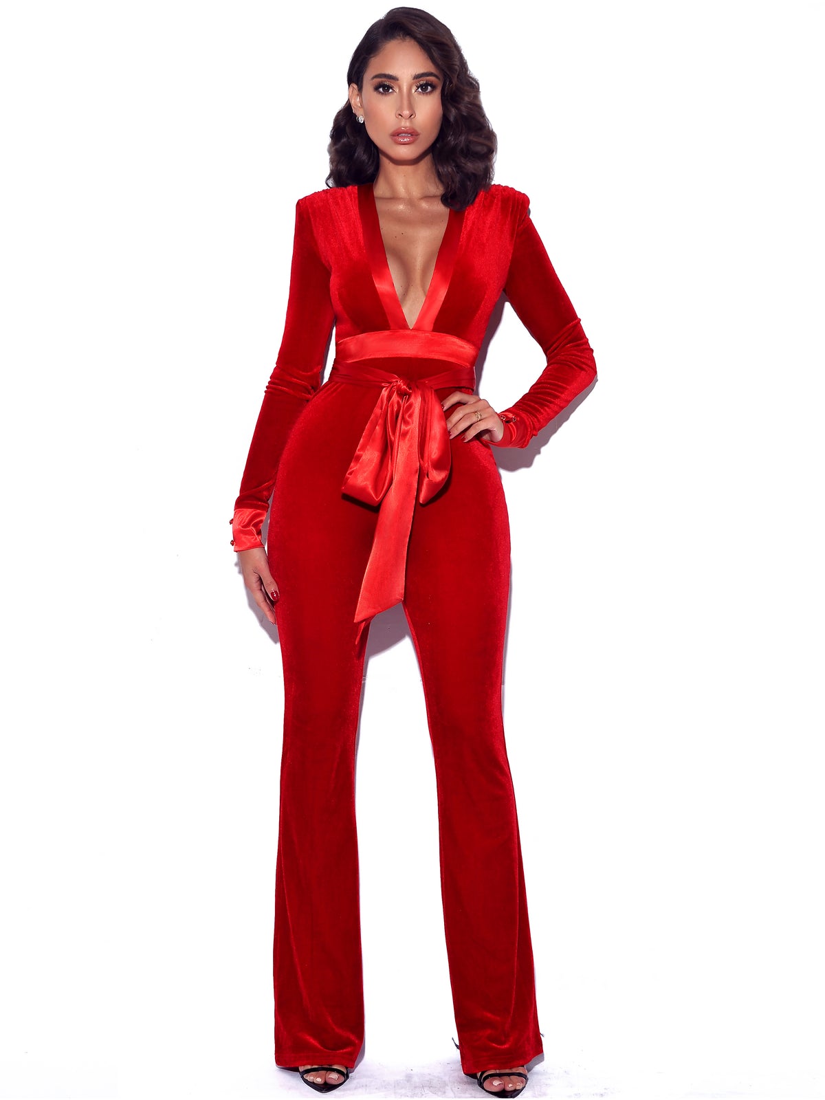 GLORIOUS RED LONG SLEEVE VELVET JUMPSUIT - Main Image