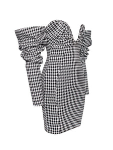 KYLIE PUFF SLEEVE OFF SHOULDER HOUNDSTOOTH DRESS