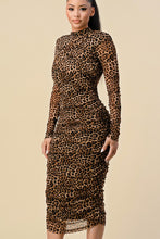 Load image into Gallery viewer, HIGH NECK RUCHED ANIMAL PRINT MIDI DRESS