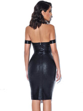 Load image into Gallery viewer, IRREPLACEABLE OFF SHOULDER BLACK METALLIC BANDAGE DRESS
