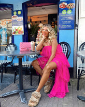 Load image into Gallery viewer, FUCHSIA STRAPLESS TIERED TULLE DRESS WITH HIGH LOW HEM