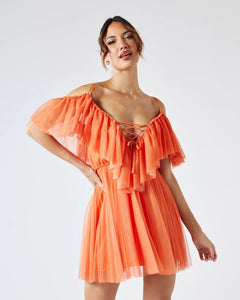 ORANGE TULLE TIERED RUFFLE SKATER DRESS