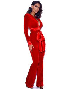 GLORIOUS RED LONG SLEEVE VELVET JUMPSUIT