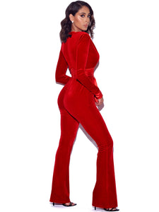 GLORIOUS RED LONG SLEEVE VELVET JUMPSUIT