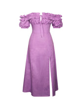 Load image into Gallery viewer, QUINLEY LILAC OFF THE SHOULDER LINEN MIDI DRESS