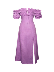 QUINLEY LILAC OFF THE SHOULDER LINEN MIDI DRESS