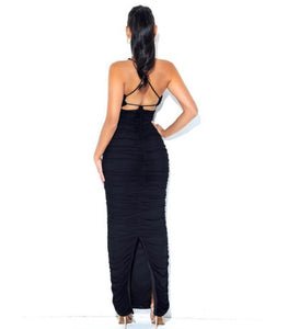 FELIS GREEN LACE-UP STRAPPY RUCHED MESH DRESS