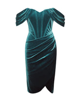 Load image into Gallery viewer, OMARIA TEAL VELVET OFF SHOULDER CORSET DRESS