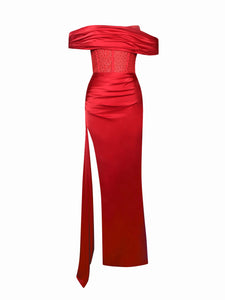 NORMA RED OFF SHOULDER CRYSTALLIZED CORSET SATIN GOWN