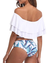 Load image into Gallery viewer, OFF SHOULDER RUFFLE FLOUNCE AND LEAF PRINT BIKINI