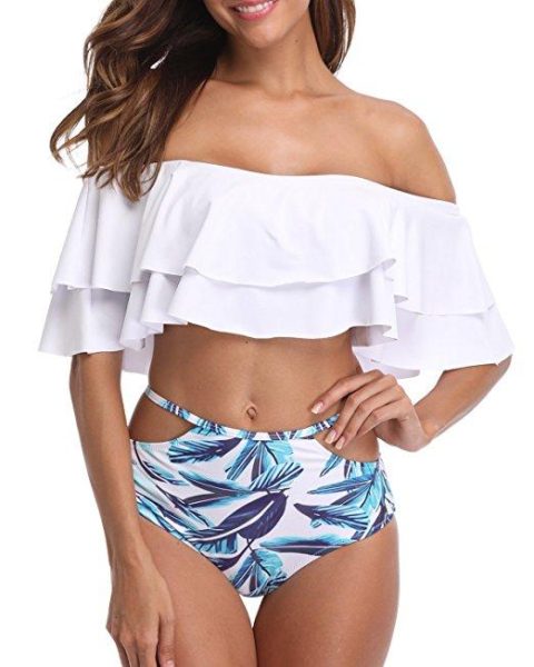 OFF SHOULDER RUFFLE FLOUNCE AND LEAF PRINT BIKINI – Arelia's
