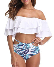 Load image into Gallery viewer, OFF SHOULDER RUFFLE FLOUNCE AND LEAF PRINT BIKINI