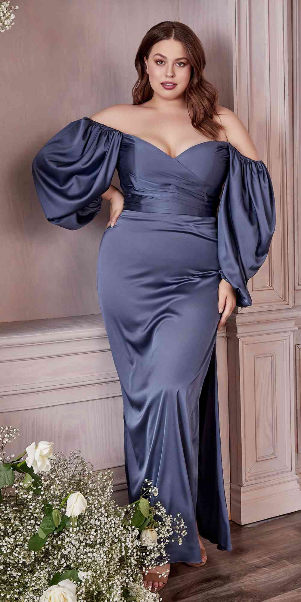long sleeve off shoulder satin dress Ladivine 7488