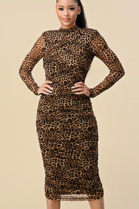 HIGH NECK RUCHED ANIMAL PRINT MIDI DRESS