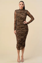 Load image into Gallery viewer, HIGH NECK RUCHED ANIMAL PRINT MIDI DRESS