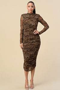 HIGH NECK RUCHED ANIMAL PRINT MIDI DRESS
