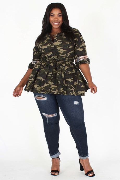 CAMO PEPLUM SEQUIN JACKET