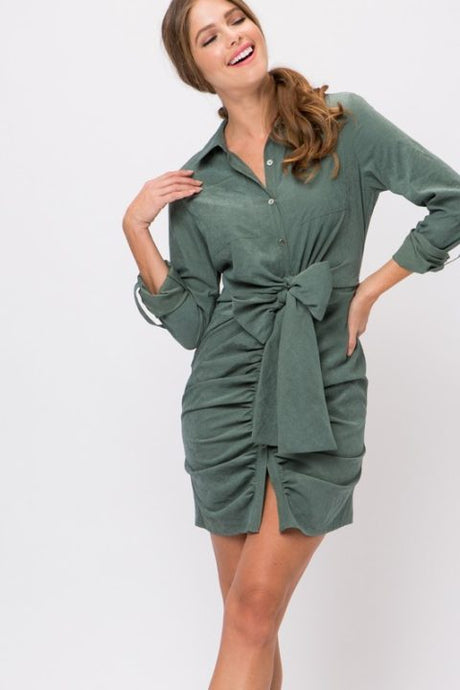 TIE FRONT RUCHED SHIRT DRESS