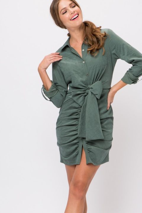 TIE FRONT RUCHED SHIRT DRESS Arelia's Dream TIE FRONT RUCHED SHIRT DRESS Arelia's Dream