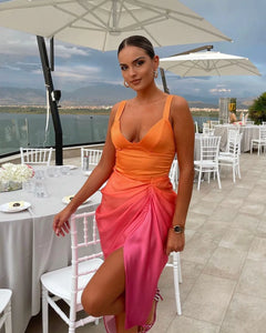 PINK AND ORANGE OMBRE MIDI DRESS WITH DRAPED SKIRT