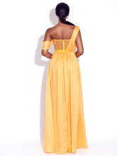 Load image into Gallery viewer, BACK IN STYLE ORANGE SILK PLEATED CORSET HIGH SLIT MAXI DRESS