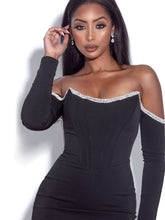 Load image into Gallery viewer, ANNIKA BLACK OFF SHOULDER LONG SLEEVE CORSET DRESS WITH CRYSTAL TRIM