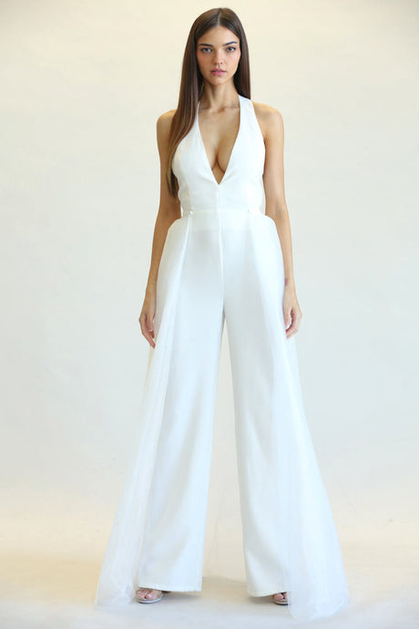 HALTER V-NECK OPEN BACK JUMPSUIT WITH DETACHABLE TULLE SKIRT