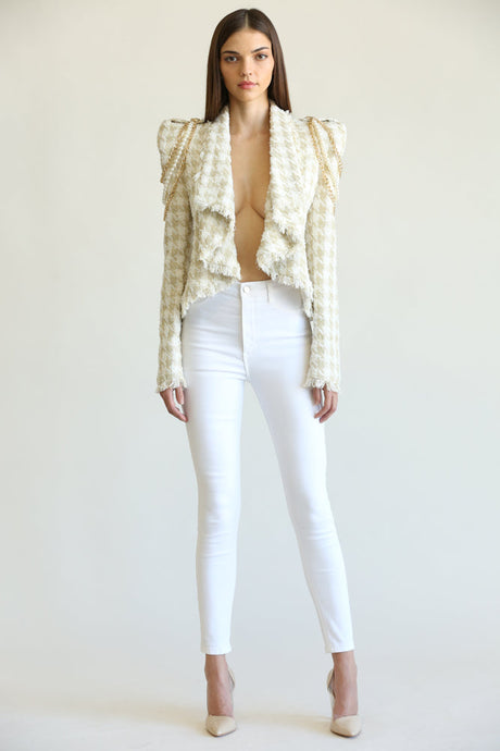 LUREX HOUNDSTOOTH GOLD TWEED CROPPED JACKET