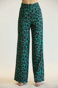 GREEN LEOPARD PRINT BELTED PANT SUIT