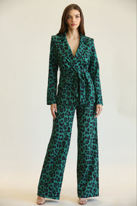 GREEN LEOPARD PRINT BELTED PANT SUIT
