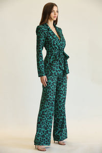 GREEN LEOPARD PRINT BELTED PANT SUIT