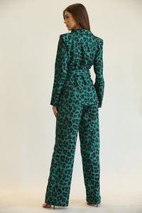 GREEN LEOPARD PRINT BELTED PANT SUIT