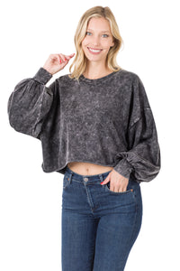 MINERAL WASH RAW EDGE CROPPED PULLOVER
