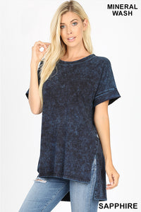 MINERAL WASHED ROLLED SHORT SLEEVE ROUND NECK TOP