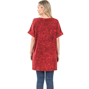MINERAL WASHED ROLLED SHORT SLEEVE V-NECK TOP