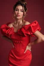 Load image into Gallery viewer, LAVISH ALICE SCARLET SATIN PLEATED CORSET PUFF SLEEVE MINI DRESS - RED